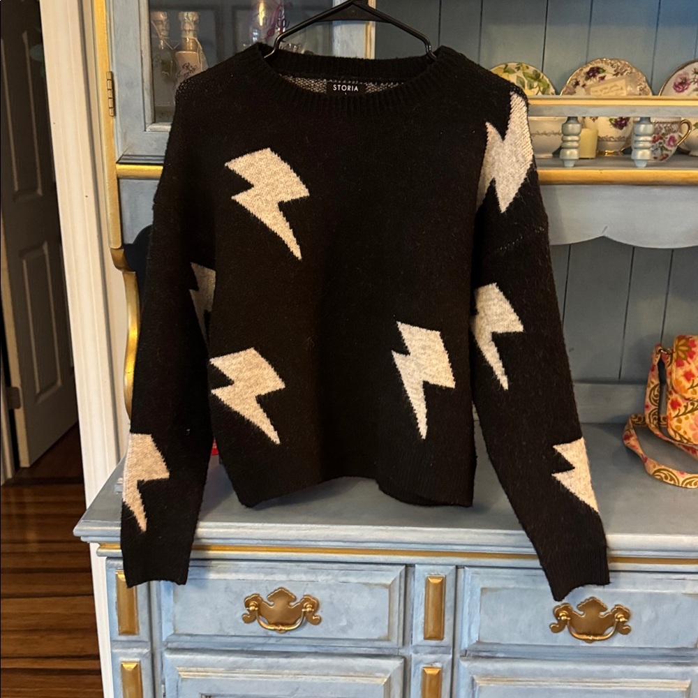 Storia Black Crewneck Sweater with Cream Lightning Bolts - Picture 2 of 3
